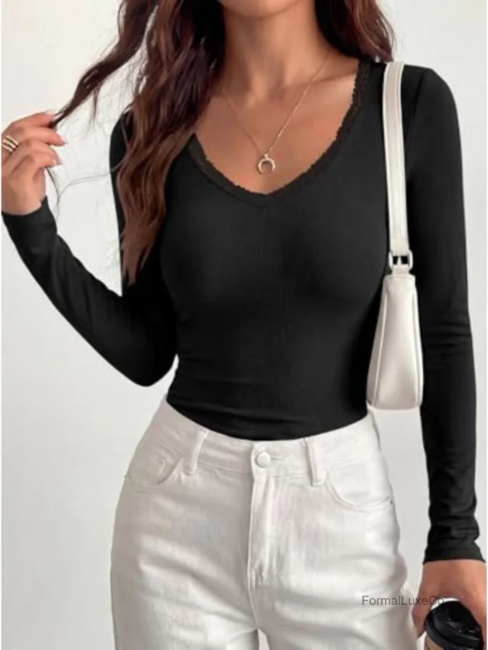 Lace Deep V Neck Long Sleeve Slim Fit Top Going Out Night Out Fall Layering